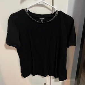Express Women’s Tee T-Shirt Black Embellished Neck Size Medium